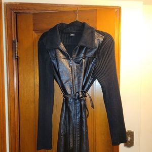 Leather belted sweater dress.